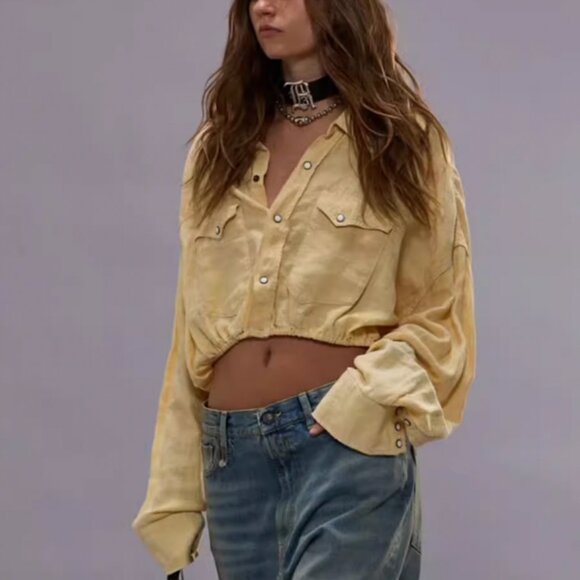 NWT R13 Crossover Utility Bubble Shirt Maize Linen Chambray Light Yellow - Picture 2 of 9